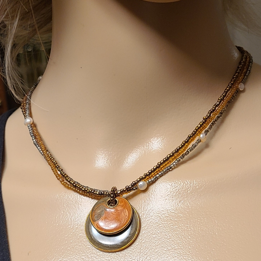 COPPER DISK PENDANTS CENTER SEED BEADED LENGTH OF 18" NECKLACE